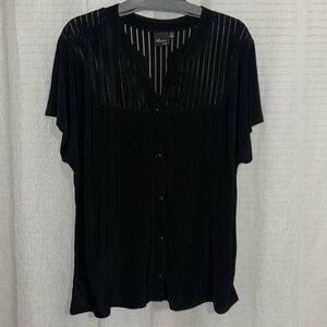 ELIE McCARTHY 3X Liquid Jersey Black-Button Blouse Top Stripe Sheer Detail
